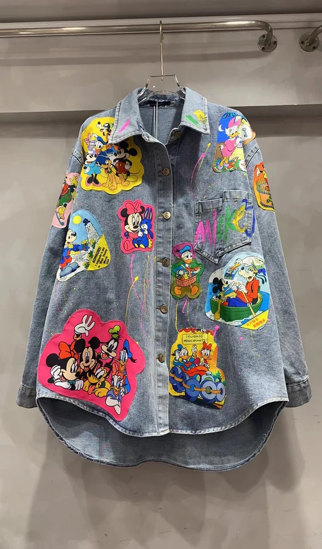 刘媛媛欧货 实拍米奇卡通一家人贴布手绘大版宽松牛仔外套
