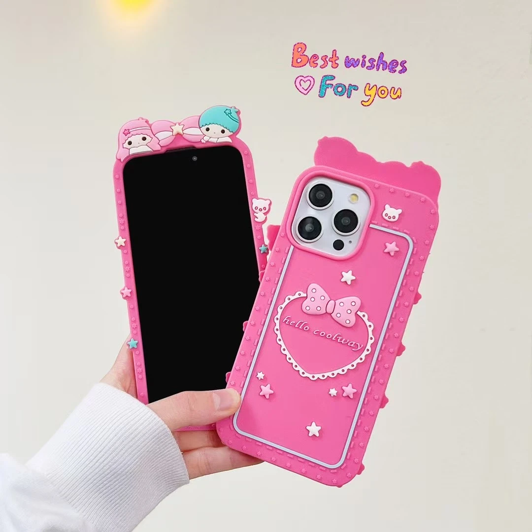 【适用苹果】女款爱心双子星卡通蝴蝶结iPhone16可爱立体硅胶手机壳