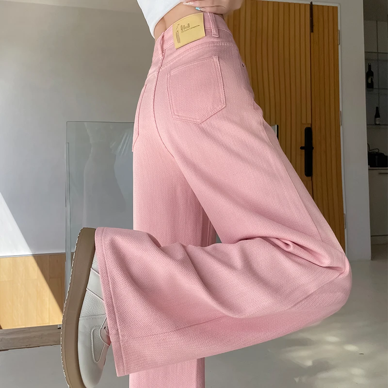 蜜蜜穿搭樱桃粉色阔腿牛仔裤女2025秋季新款星空纹编织直筒拖地裤