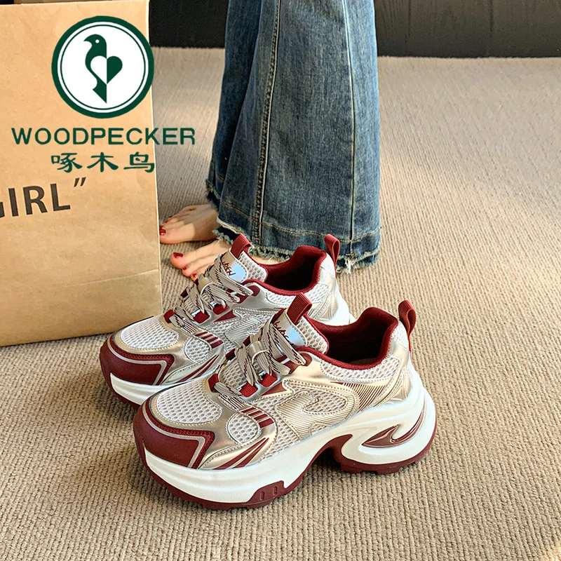 啄木鸟厚底增高老爹鞋女款2025新款春秋季爆款小个子休闲运动女鞋