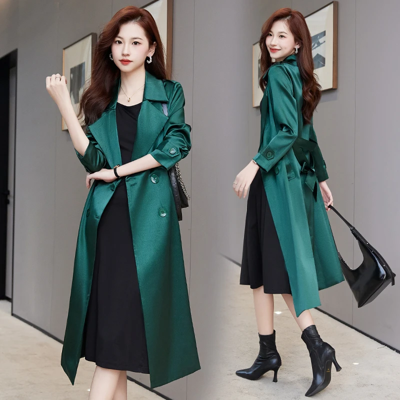 仿醋酸缎面风衣中长款过膝2025春秋新款高端精致英伦气质显瘦外套