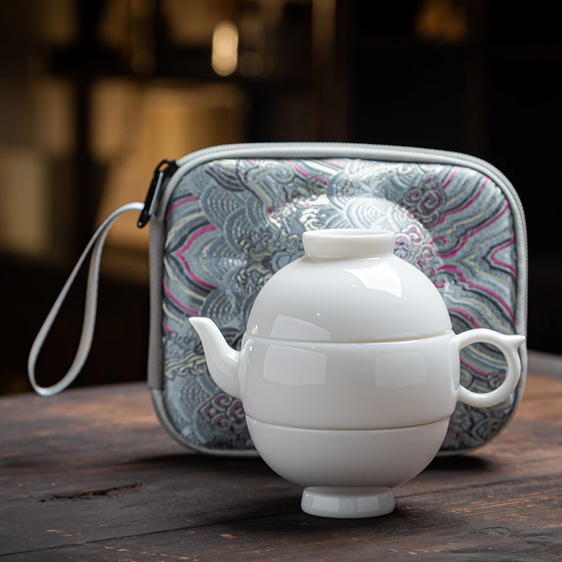 羊脂玉瓷宫灯快客杯一壶二杯便携式旅行茶具国潮满堂彩户外泡茶器