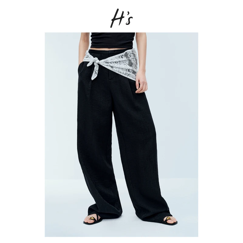 【商场同款】H'S凤琴皱裤子25夏新款水晶丝直筒阔腿裤122504412029