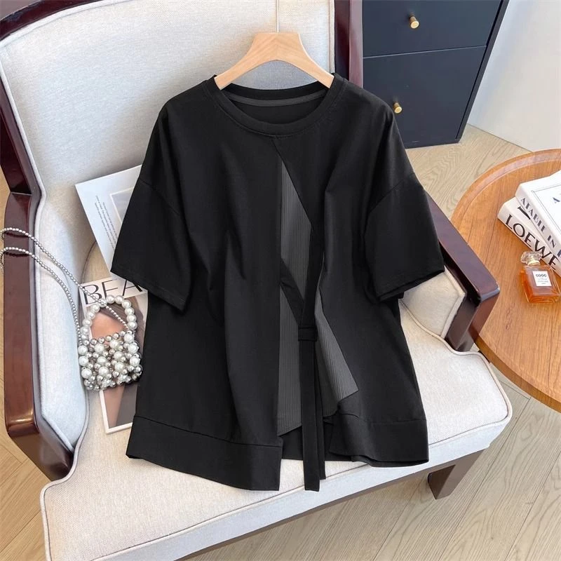 设计感绑带开叉纯棉短袖T恤女2025新款夏季宽松大码胖mm体恤上衣