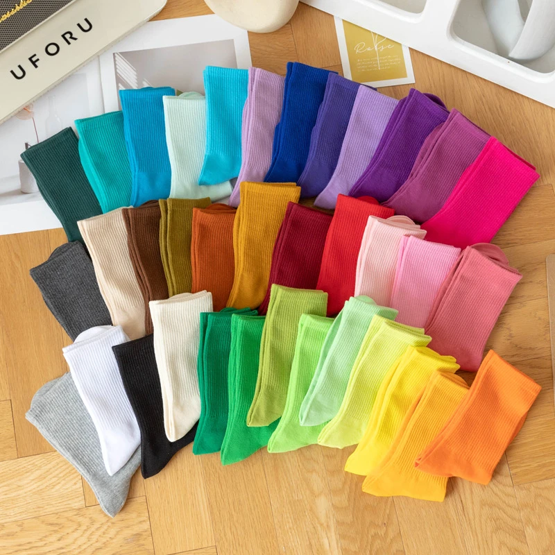 彩色袜子女现代舞袜棉袜春夏秋运动长筒纯色款糖果色马卡龙中筒袜