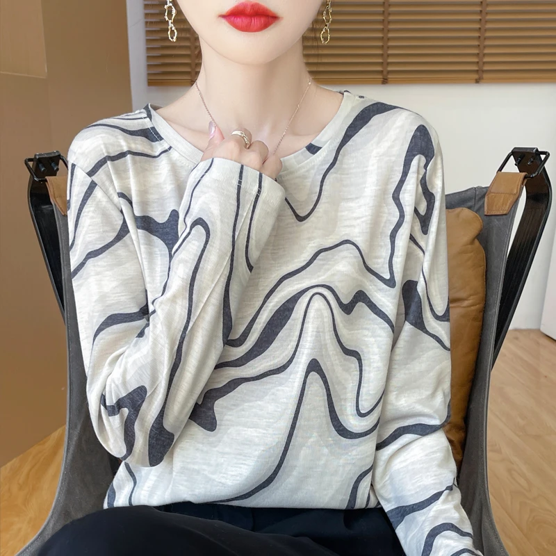 圆领印花长袖洋气设计感套头时尚气质春秋百搭显瘦