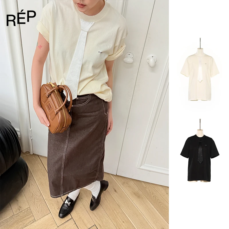 PUSHBUTTON设计师黑/米色领带拼接短袖T 25PS早春系列 早春穿搭