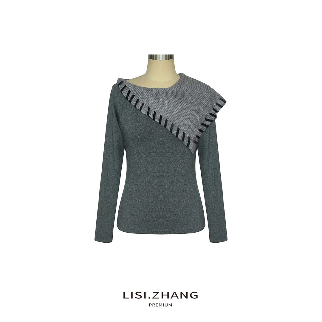 LISI.ZHANG--【翻领针织衫】编织大翻领不对称时尚纯色针织衫上衣