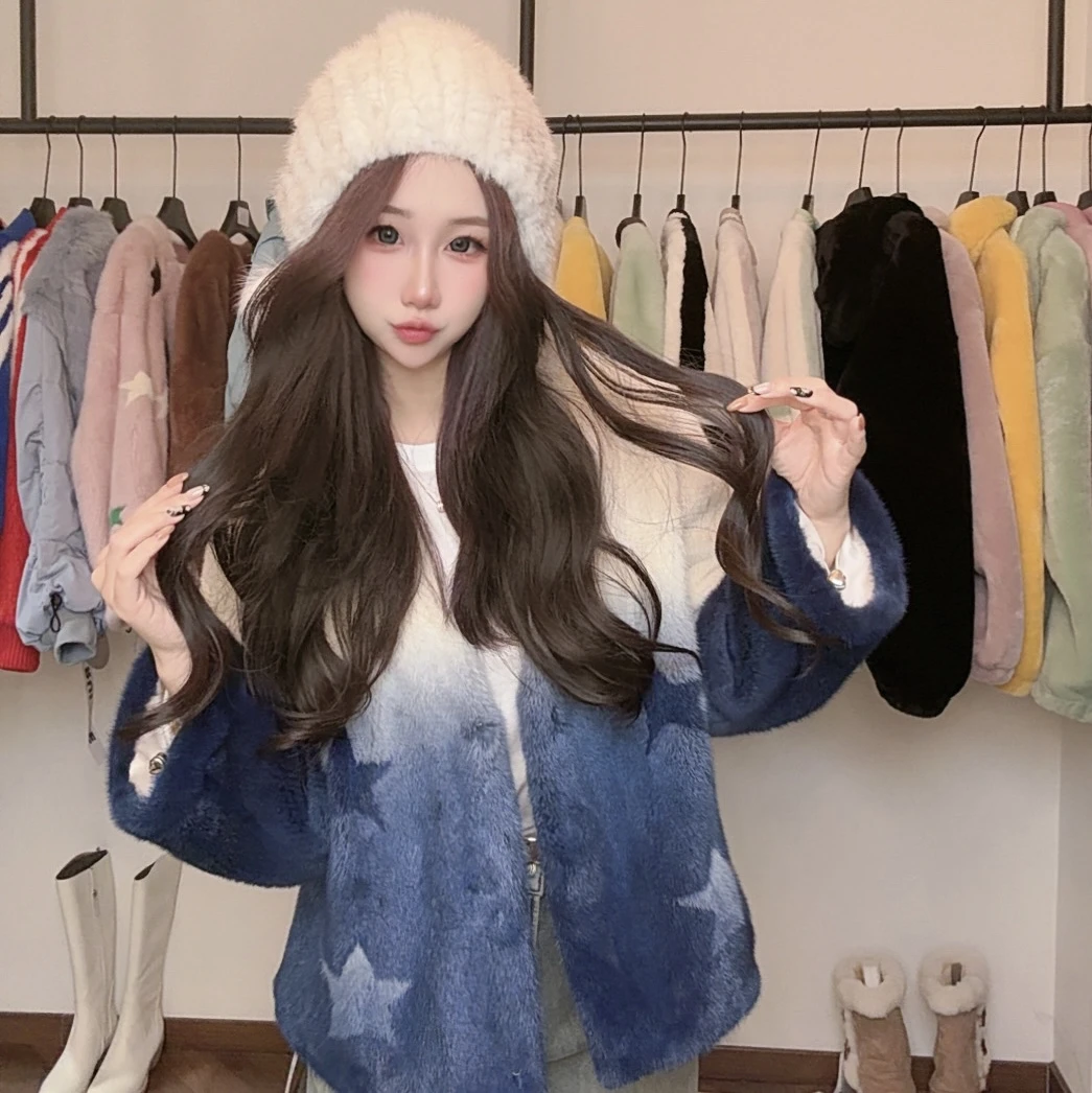 【七月推荐】蓝色星星款洋气V领加厚短款外套女-QIYUE-99379