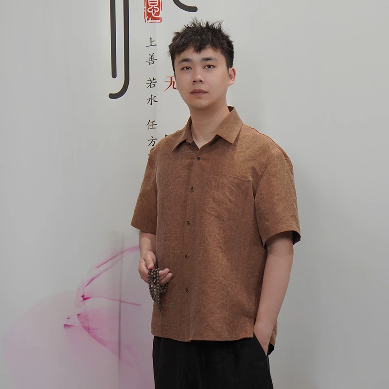 夏季原龟纹香云纱男士翻领衬衫夏季短袖桑蚕丝真丝休闲中国风上衣