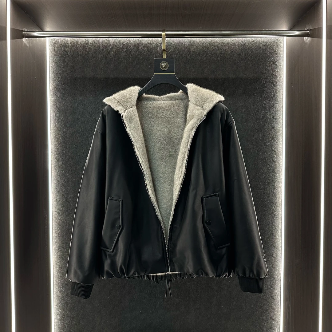 【C6699】【景】美式座山雕双面穿连帽皮衣简约时尚潮牌外套