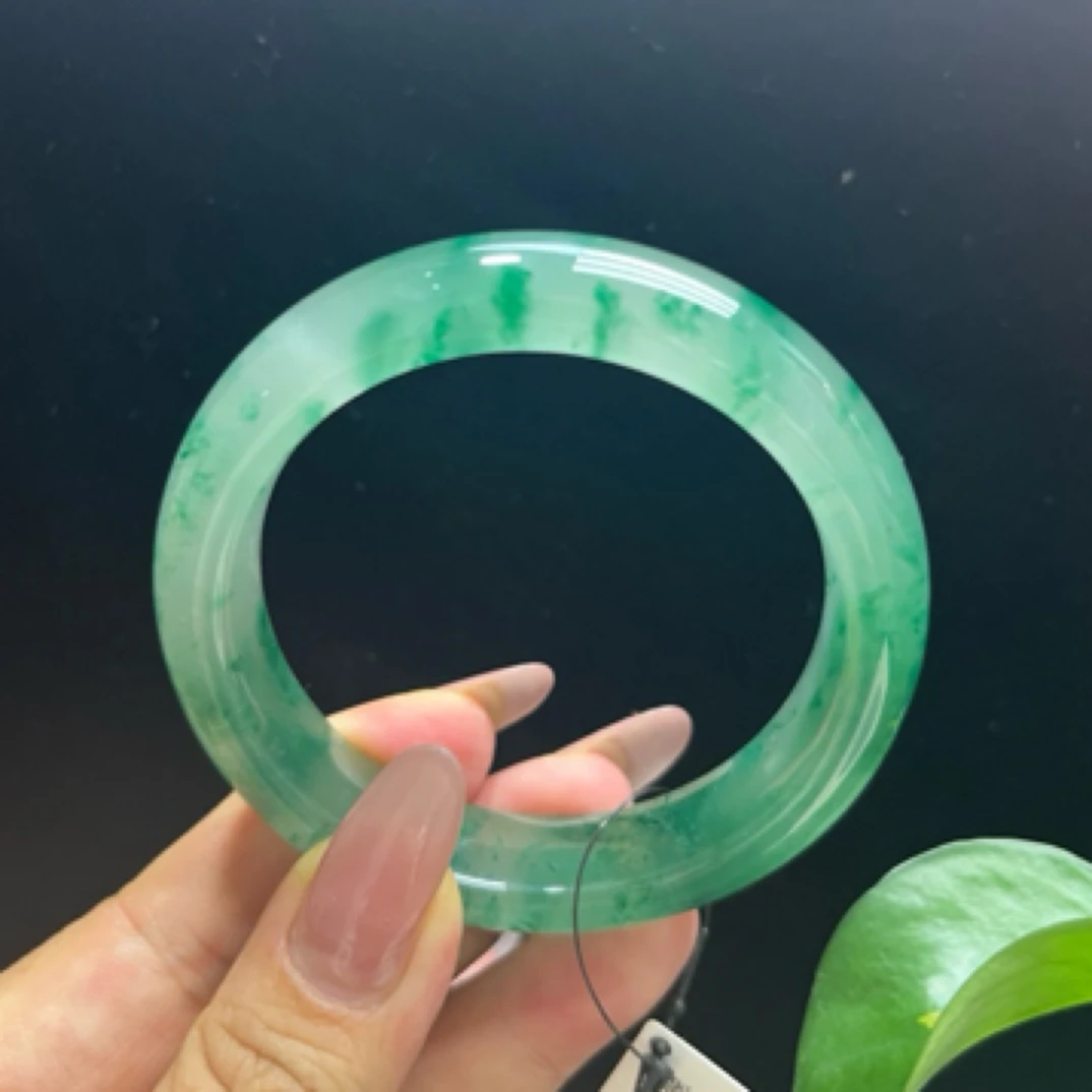 天然A货非洲翠女款独龙玉冰飘花大宽版手镯