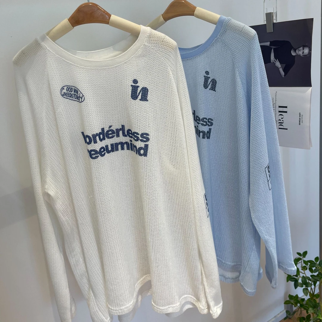 【瘦瘦】露思同款-大码夏季罗纹领印花休闲插肩袖防晒长袖F-0001