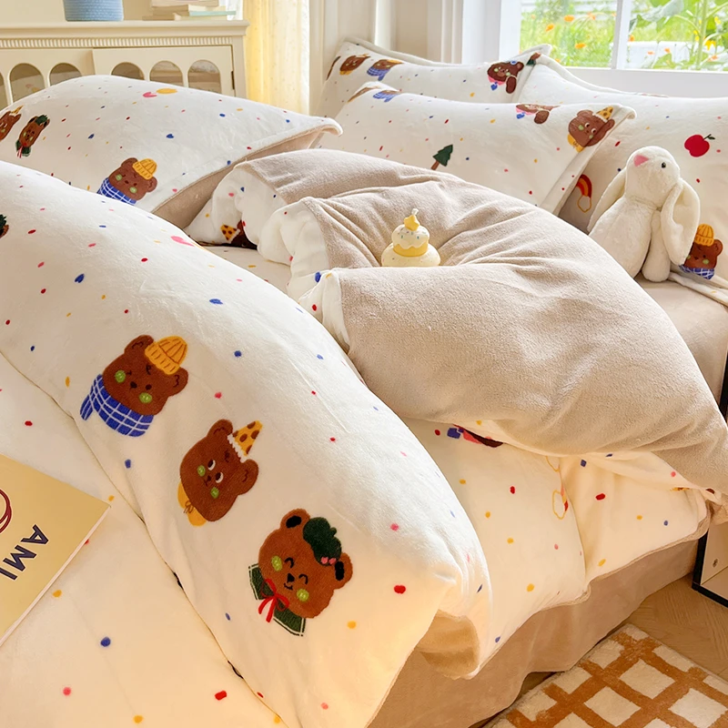 牛奶绒四件套儿童床上用品冬季加绒加厚法兰珊瑚绒床单被套三件套