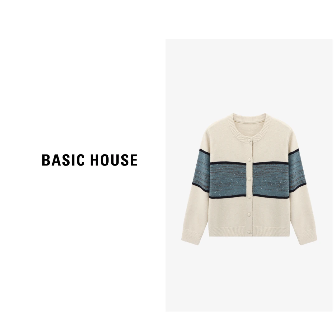 Basic House/百家好秋冬设计款撞色宽松针织时尚毛衣-B06245C4592