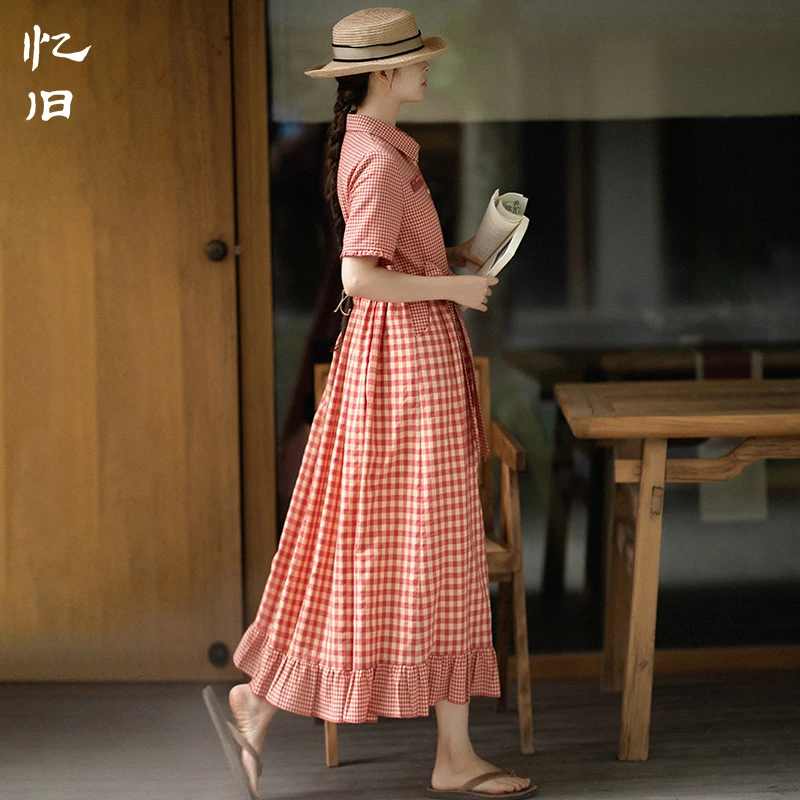 清#【花样年华】格子连衣裙女夏薄款2024新款拼接长裙短袖衬衫裙