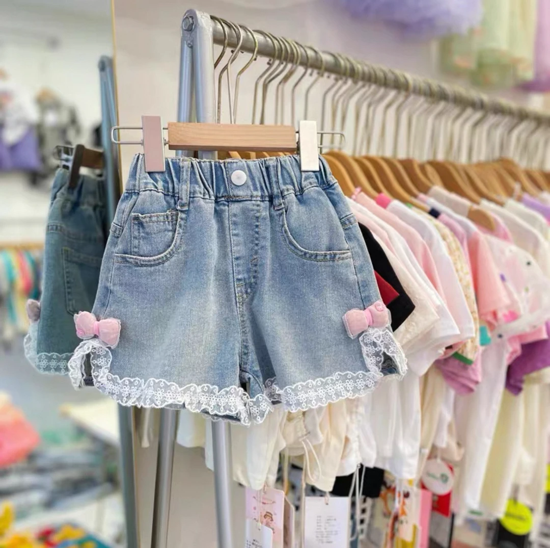 女童牛仔短裤夏季小女孩蕾丝花边a字洋气阔腿裤薄款儿童夏装裤子