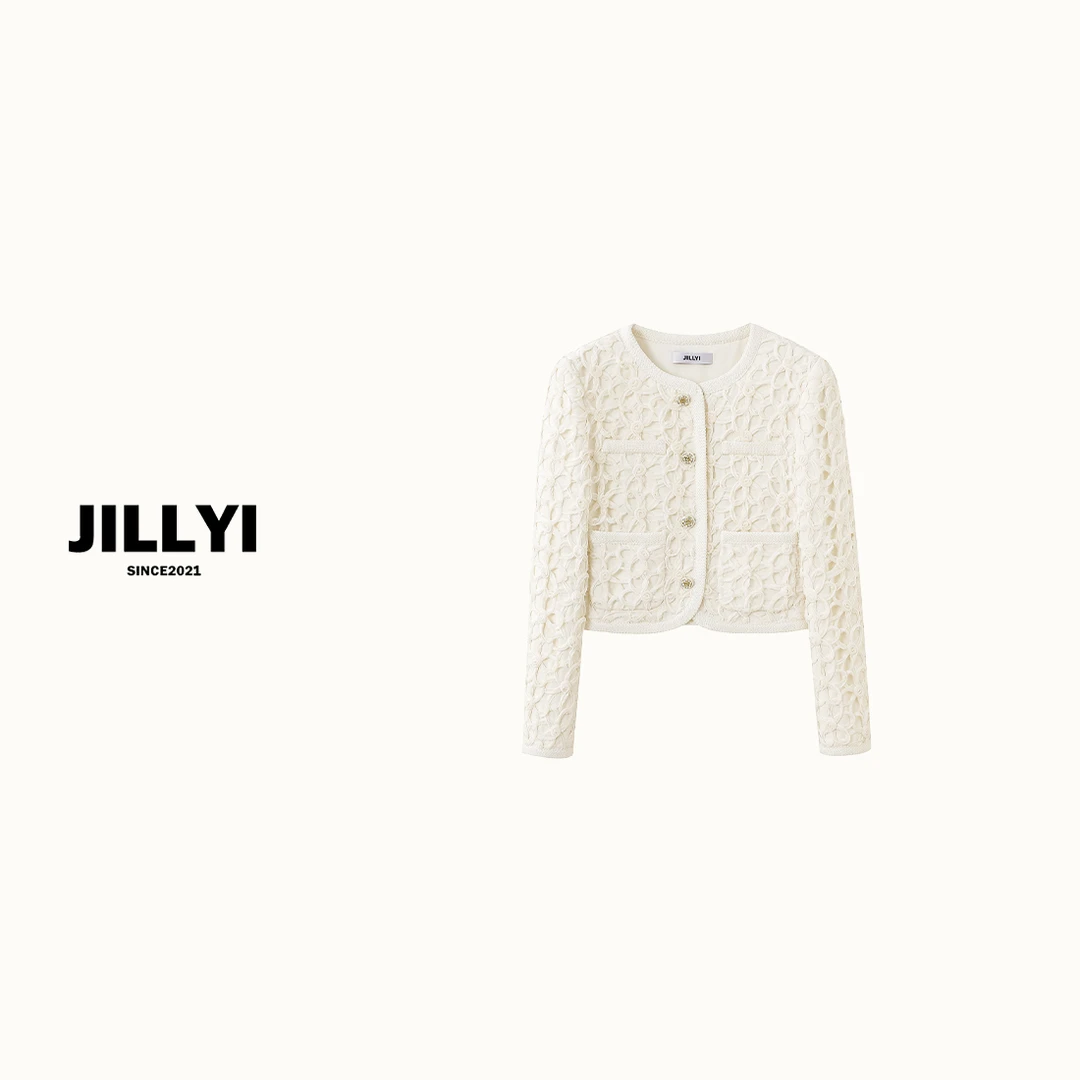 JILLYI珠海店【奶油裱花】乳白色圆领时尚单排扣休闲风气质百搭外套