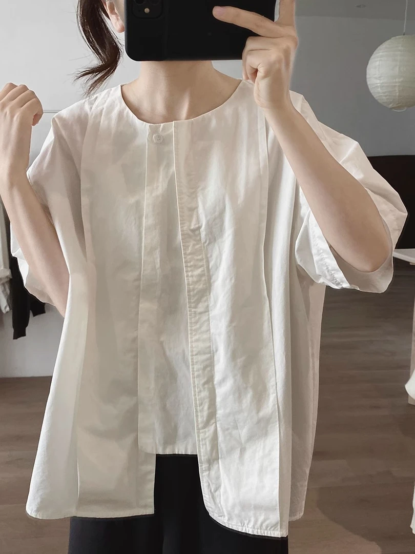 衬衫女式夏季新款宽松大码显瘦圆领不规则简约小众设计感上衣