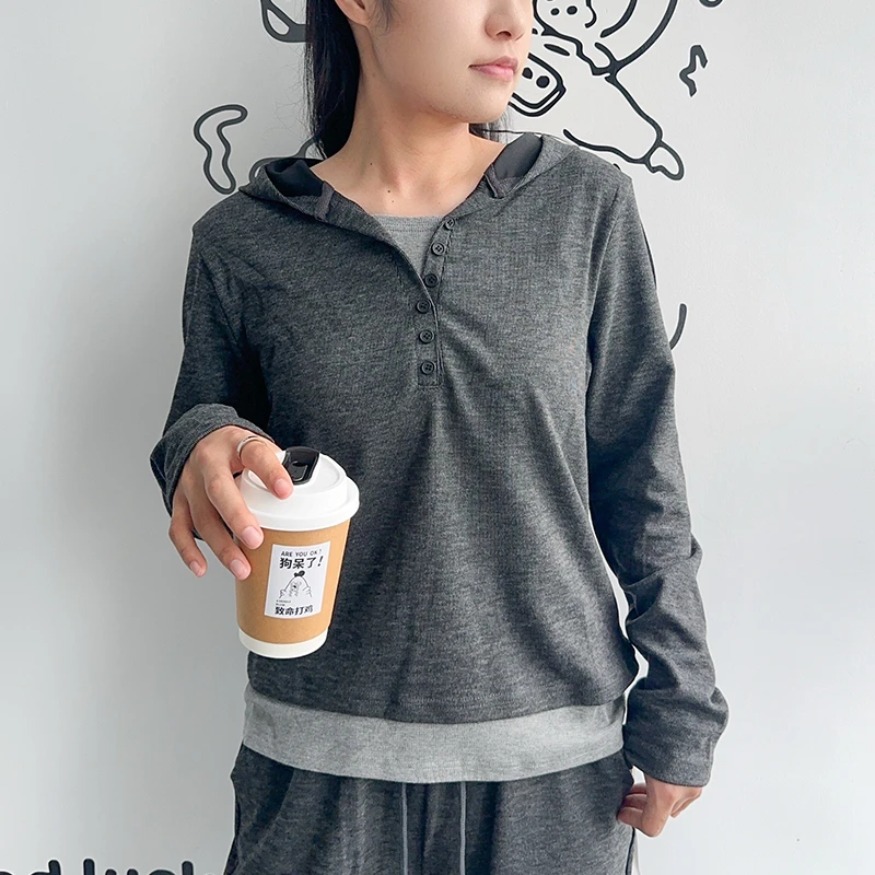 连帽卫衣女套装2025春秋新款韩版套头长袖假两件拼接时尚百搭显瘦