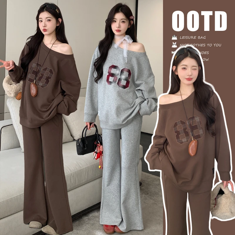 慵懒风孕妇装秋季套装新款韩版斜肩字母孕妇卫衣秋季孕妇喇叭裤