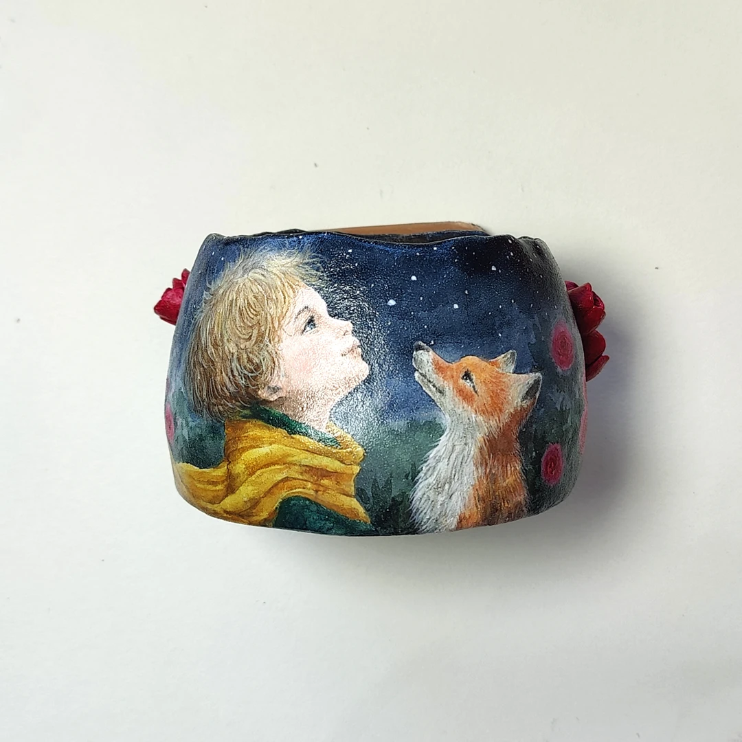素朵手绘多肉花盆（小王子和小狐狸）