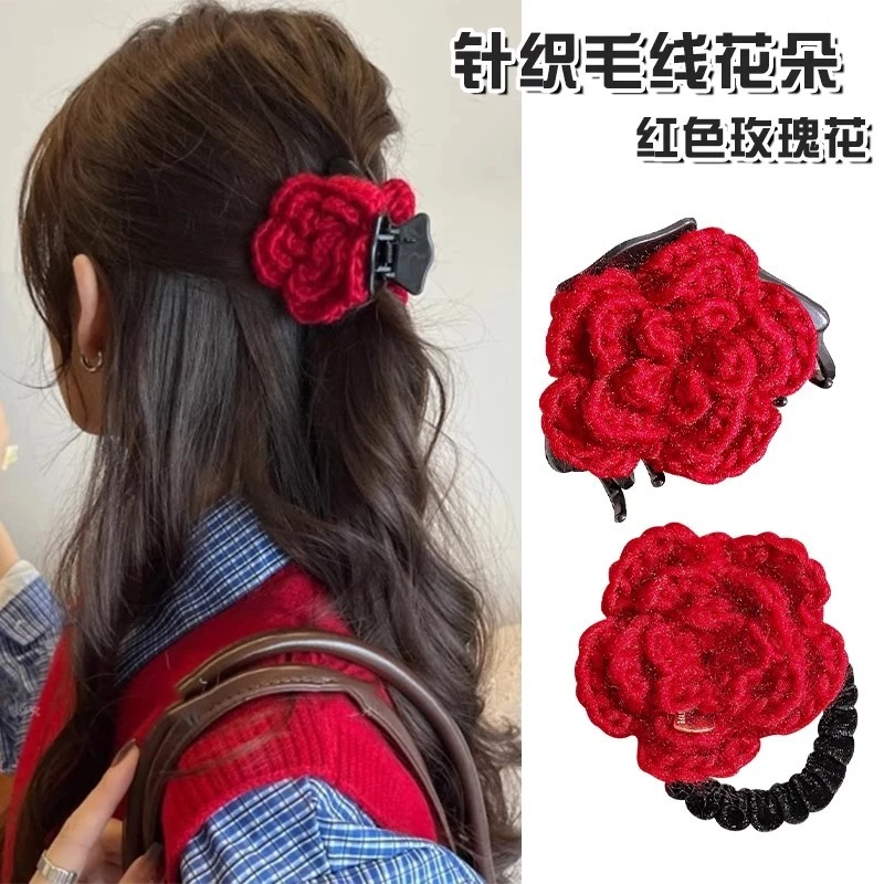 针织红玫瑰发饰玫瑰花鲨鱼夹新年发饰圣诞头饰女秋冬新款毛线头花