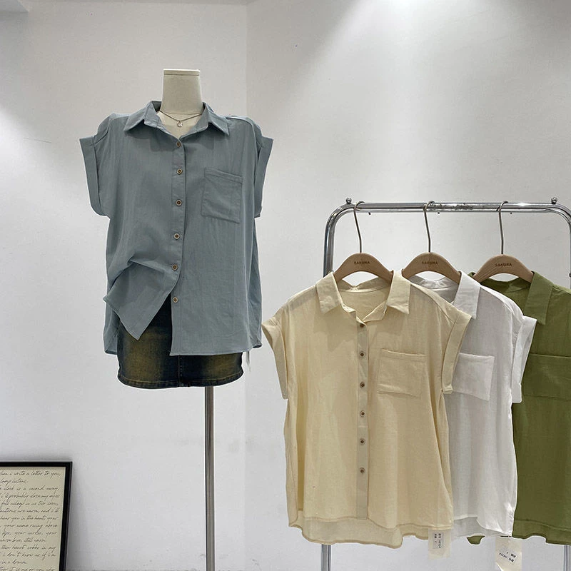 卷边短袖衬衫女夏季高级感法式上衣宽松设计感小众小飞袖雪纺衬衣