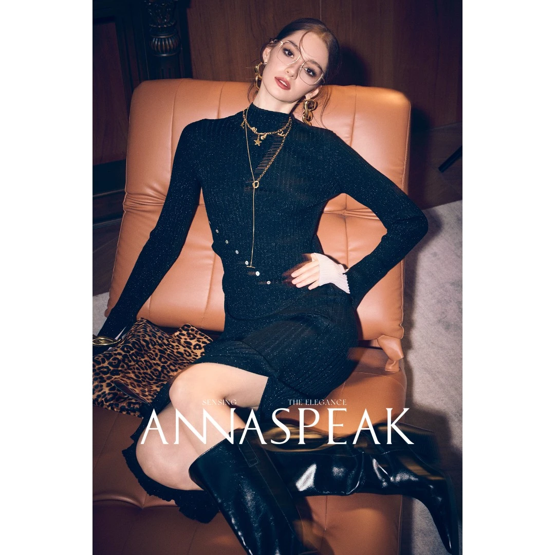 ANNASPEAK时髦解构18针无缝巴素兰澳毛假两件高领针织衫修身半裙