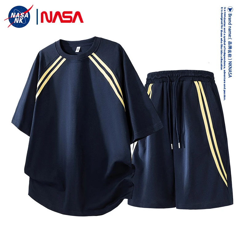 NASA联名圆领短袖休闲套装男士夏季薄款条纹潮流宽松运动一套搭配