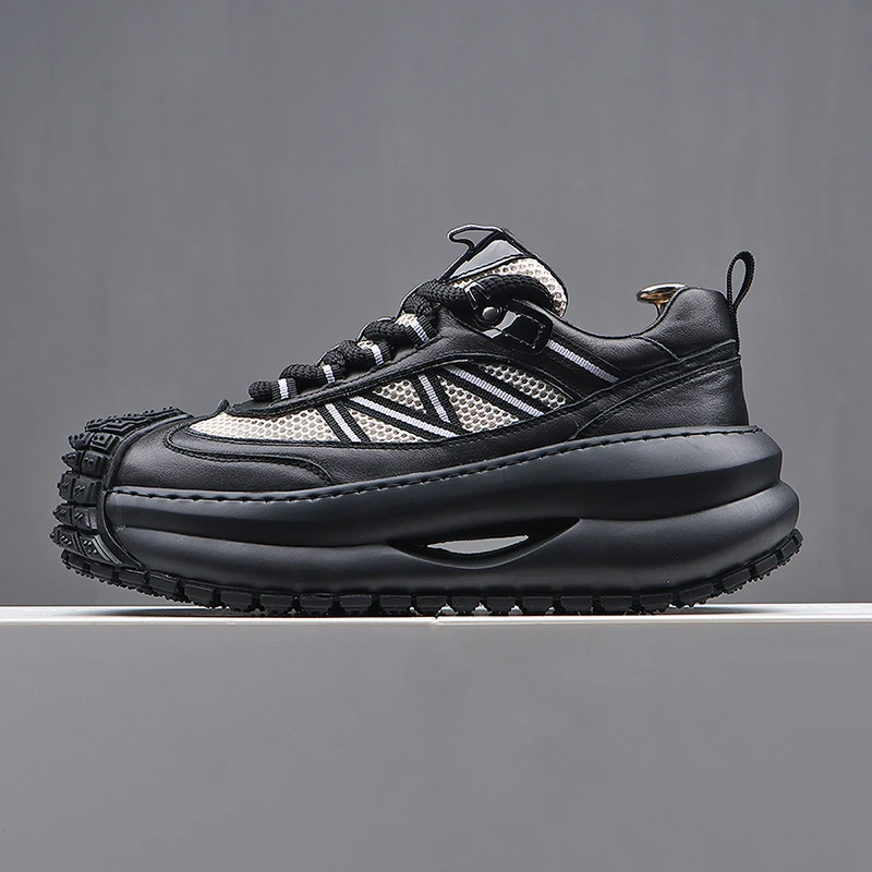 牛皮拼网老爹鞋男2025新款厚底夏季透气软底运动网鞋黑色潮鞋真皮