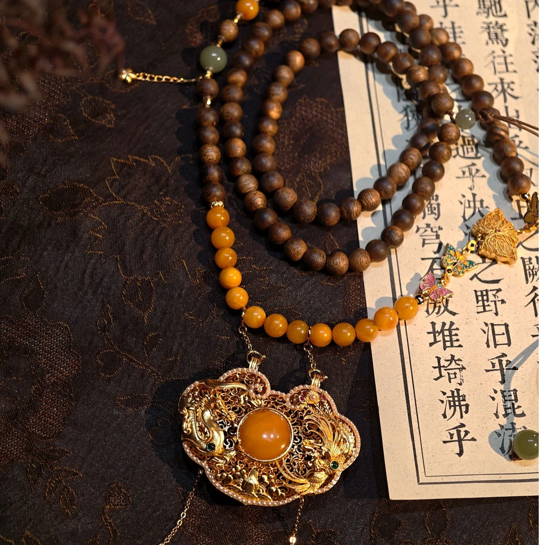 宫皇顺原创天然蜜蜡精工龙凤锁骨链GHSMDSJ00404