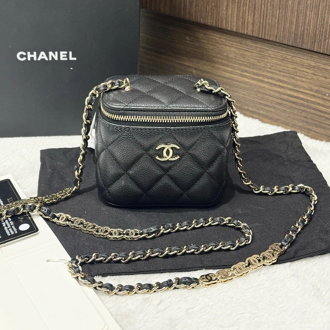 99新 Chanel/香奈儿 黑金荔枝皮 mini化妆盒子包/二奢