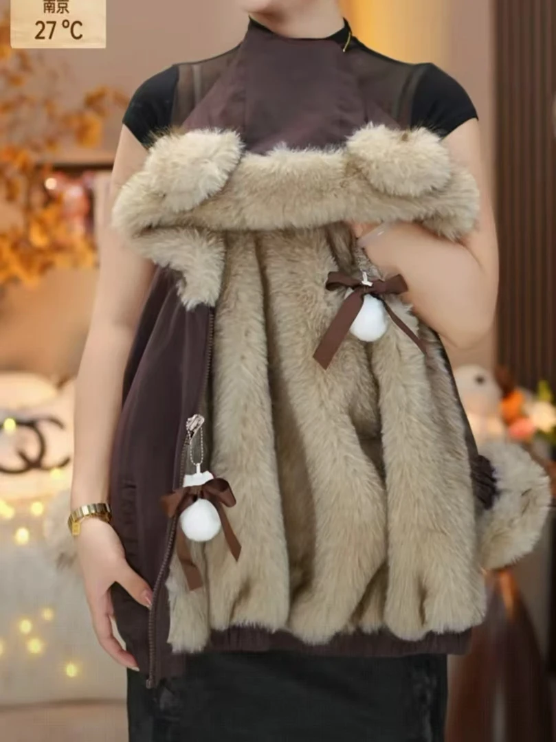 女童皮衣外套冬装2025新款中大儿童加绒加厚双面穿连帽上衣派克服