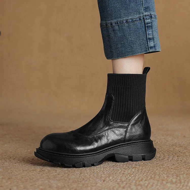 A1028/羊皮/3.5cm冬季复古风松糕底拼接纯色时装靴短筒靴