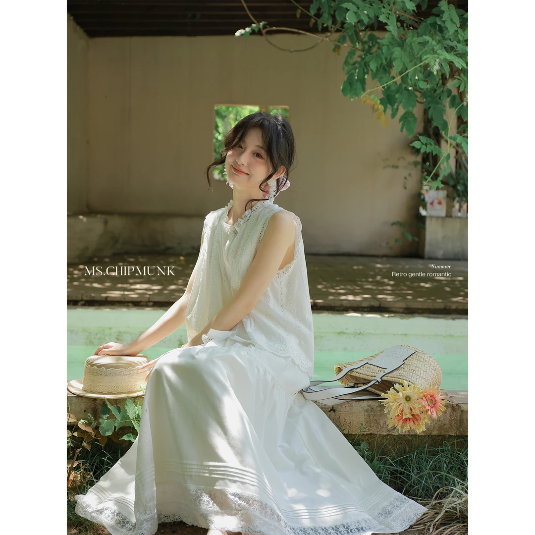 新品【纯白茉莉】2号店花边拼接无袖上衣/A摆小短裙/塔克线花边半裙