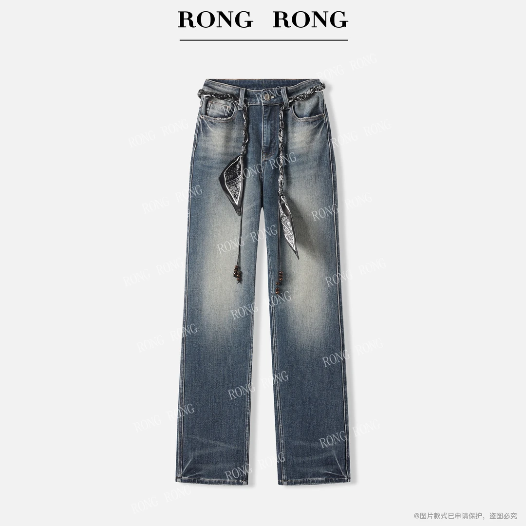 溶溶【四弹法棍牛仔】RONGRONG莱赛尔双股纱丝巾编绳直筒牛仔裤3873
