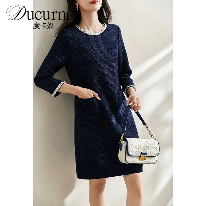 小香风礼服连衣裙女2025秋季新款时尚气质百搭七分袖粗花呢裙子