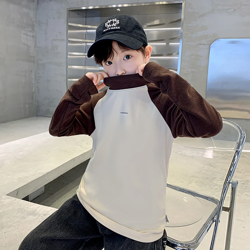 男童半高领卫衣德绒t恤中大童休闲保暖帅气打底衫儿童上衣男孩潮T