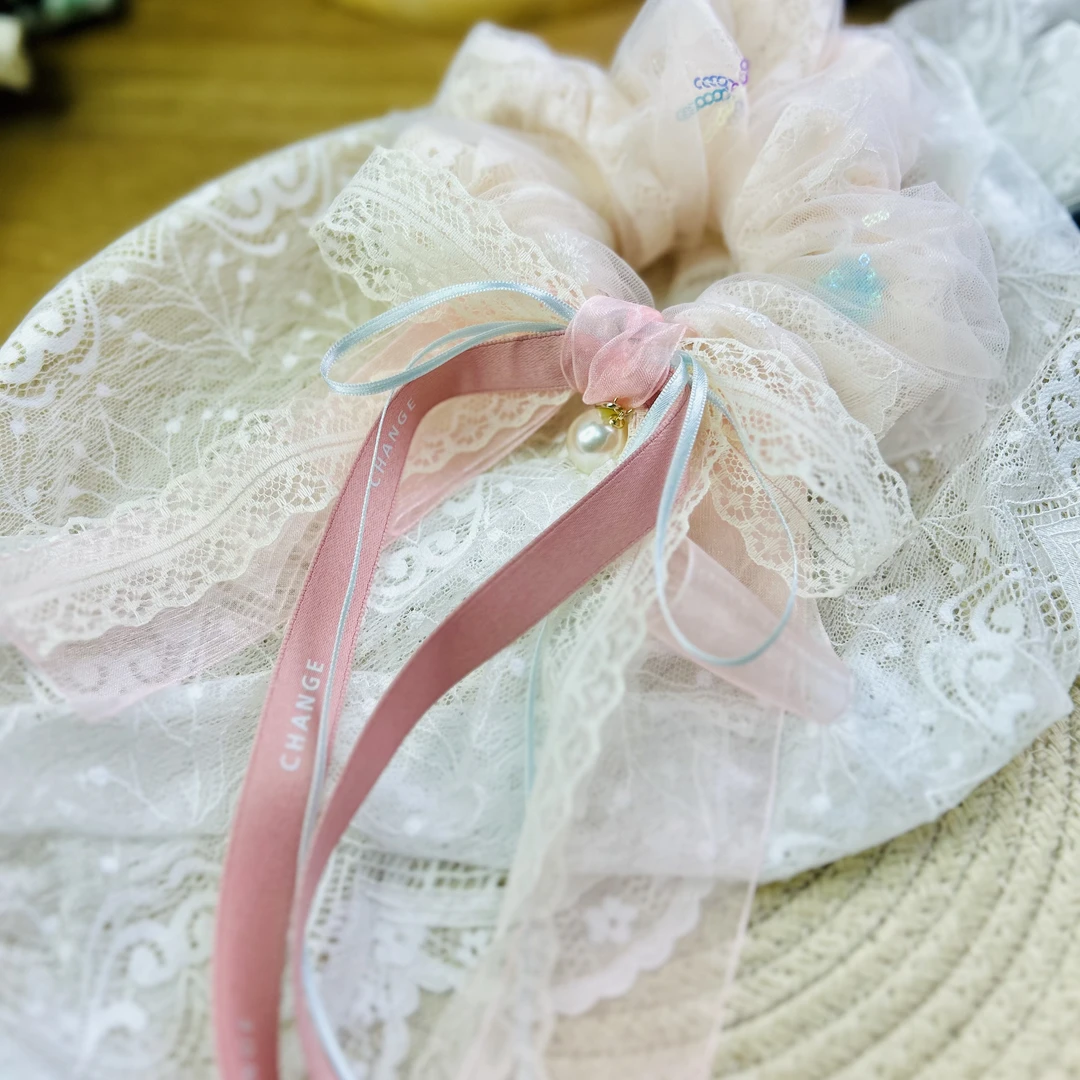 HC0427 梦幻橘色纱纱亮片刺绣飘带蝴蝶结双层肠圈