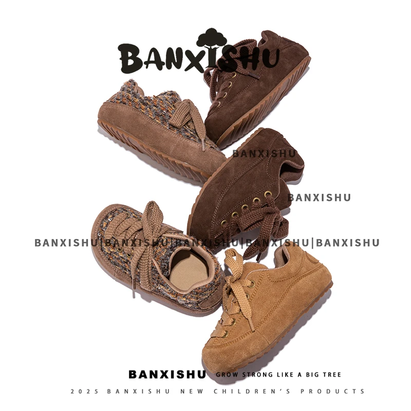 BANXISHU/2025秋季新款中大童小香风胖丁编织面包鞋粗花呢童鞋
