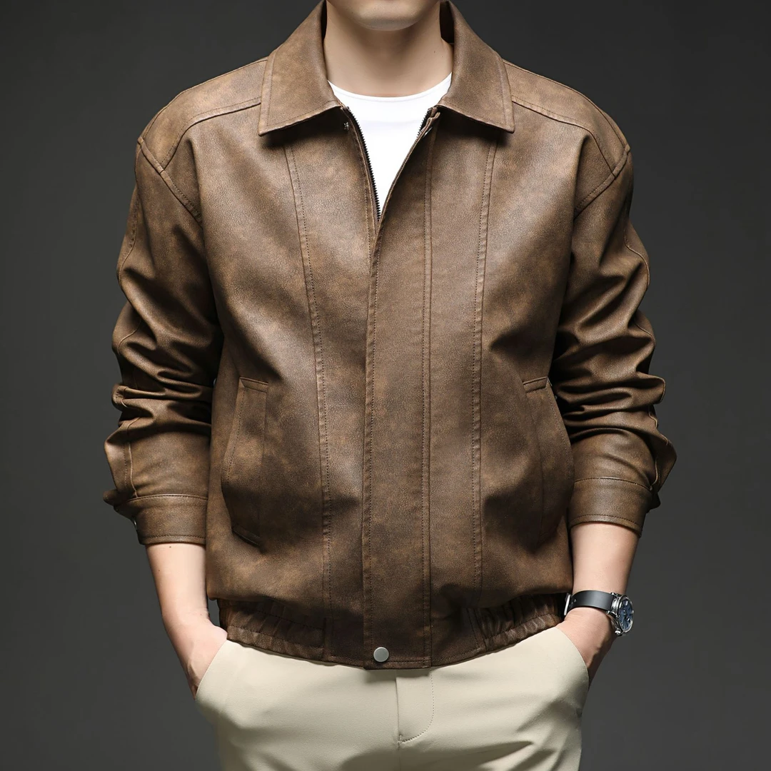 时尚纯色简约皮衣男秋季款青年翻领皮夹克帅气爸爸装开衫外套