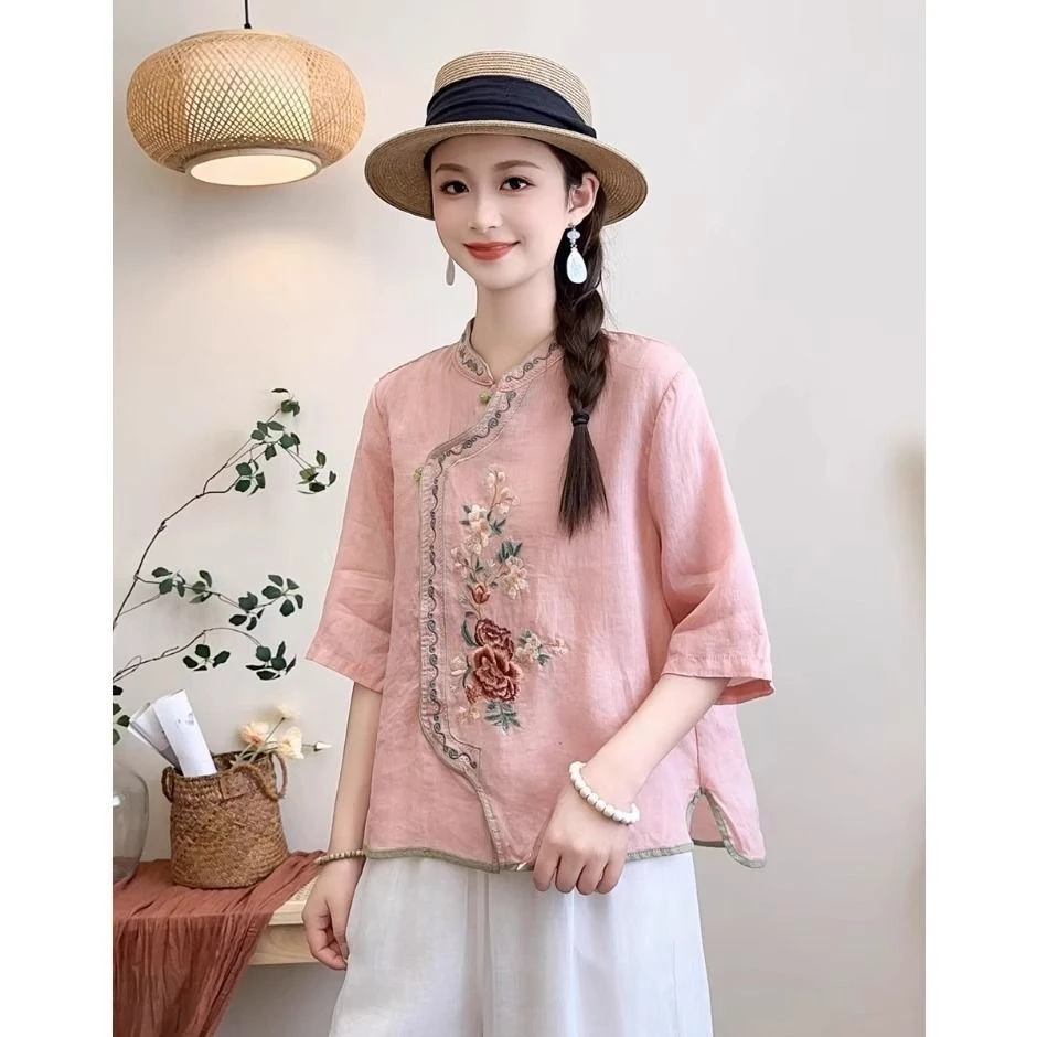 夏季新款棉麻文艺复古衬衫新中式牡丹花刺绣国风茶服立领上衣