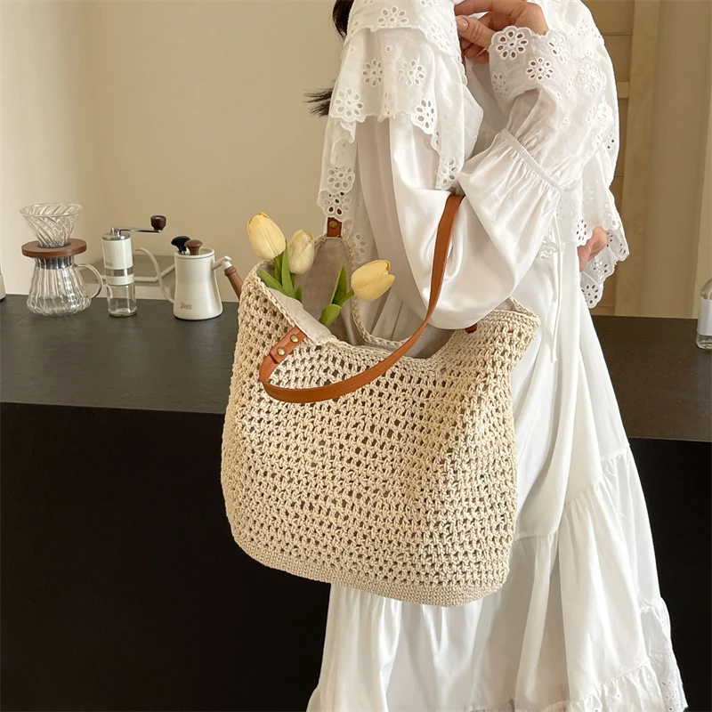 时尚【田园风】大容量镂空编织女包单肩百搭沙滩托特包2025新款F04