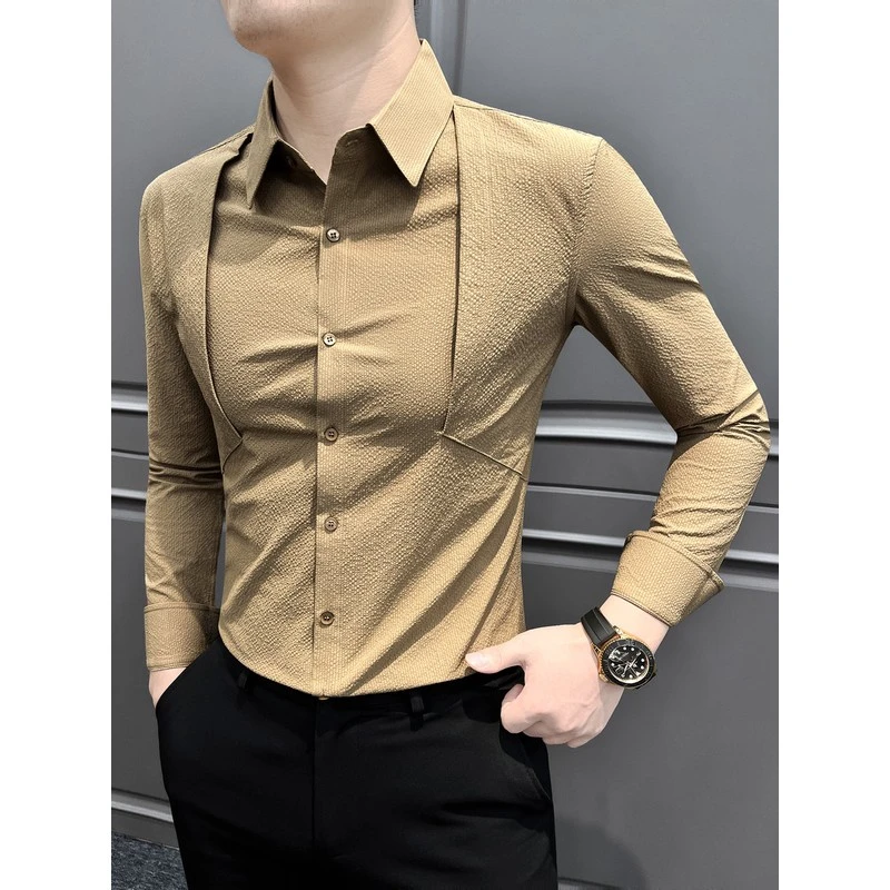 泡泡纱长袖衬衫男2025新款爆款秋装衣服设计感小众衬衣高级感痞帅