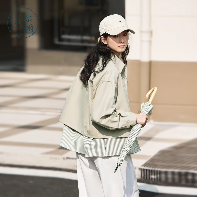 紫涵条纹拼接外套女2025年新款宽松休闲户外翻领上衣Z5Z01AN024