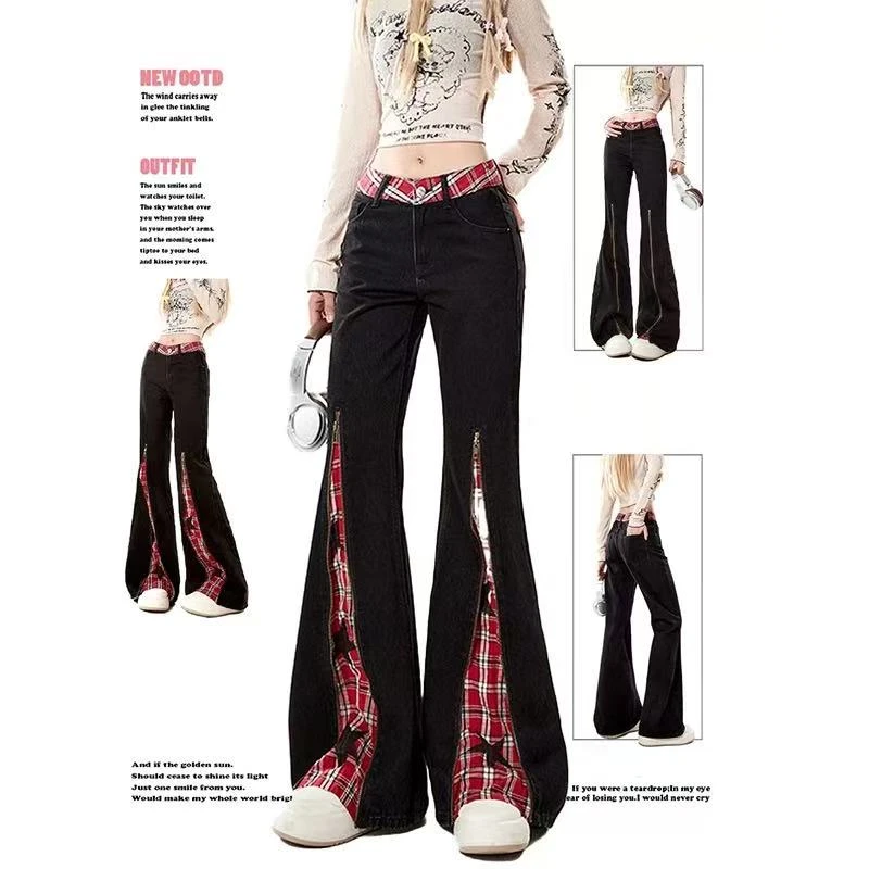 红格子拼接拉链微喇叭牛仔裤女2025春秋新款星星高腰显瘦直筒裤子