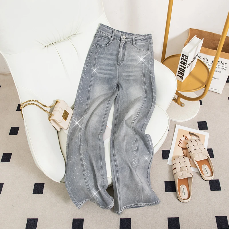 烫钻高腰阔腿微喇牛仔裤女春季新款修身宽松显瘦裤子9793