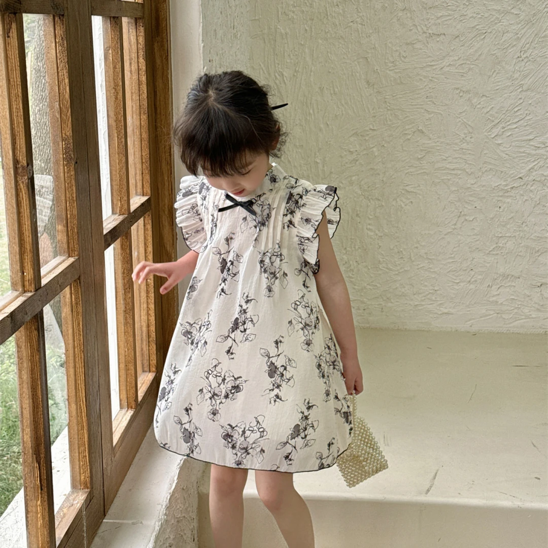 夏季女童水墨画花朵国风连衣裙B-58286女宝飞飞袖纱裙中国风
