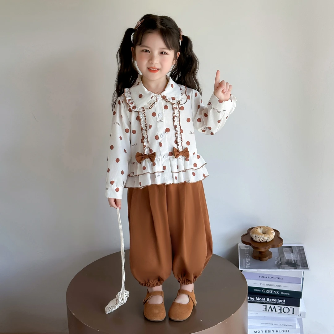 女童春秋款长袖套装2025新款洋气儿童波点衬衫裤子宝宝时髦两件套